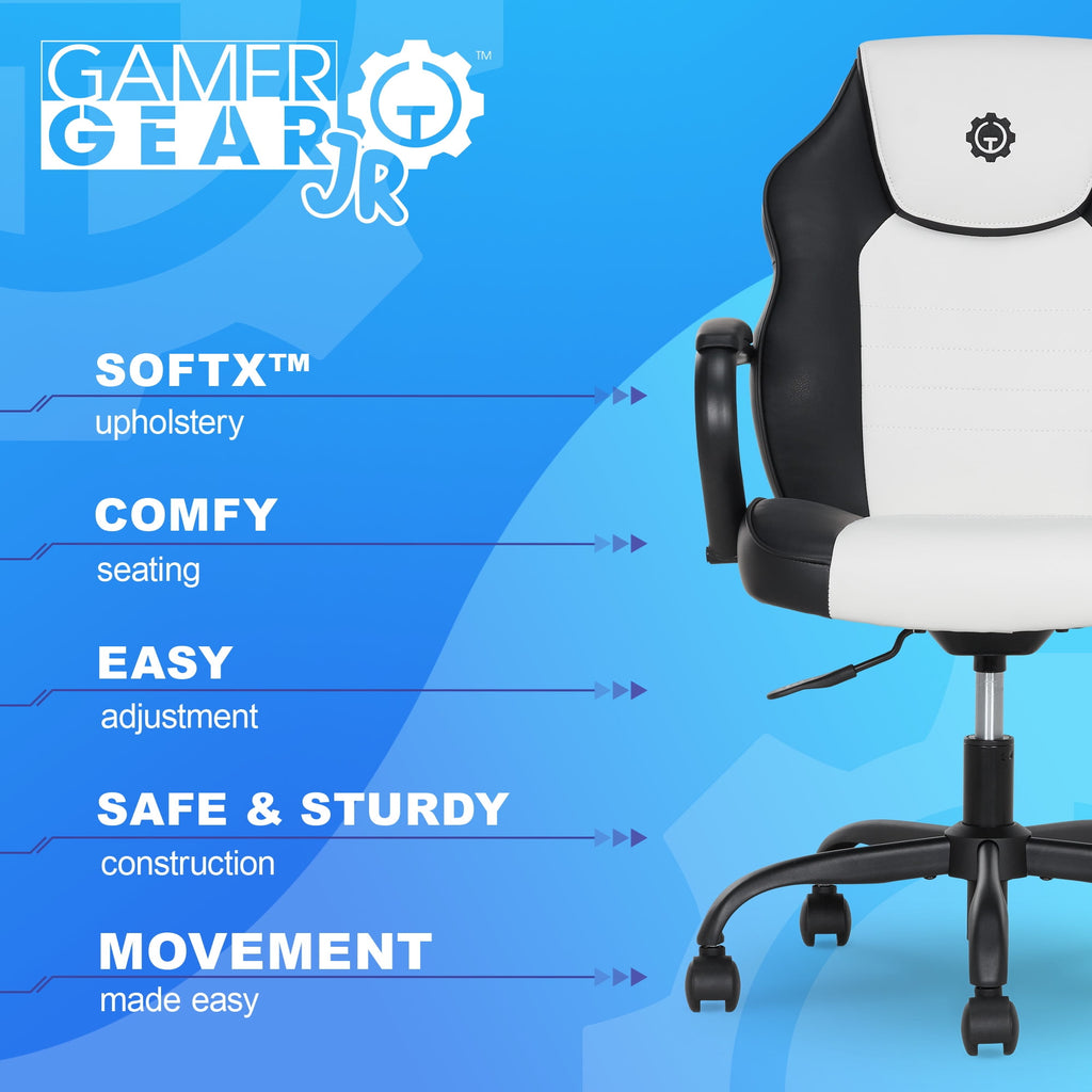 Gamer Gear Jr. Xplorer Gaming and Computer Chair, Kids and Teens Gaming Chair with Padded Arms, Adjustable Height, White and Black