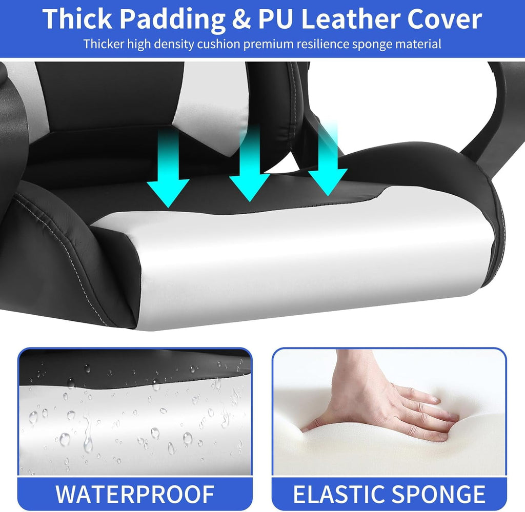 Dkelincs High Back Gaming Chair Racing Office Chair Leather Ergonomic Computer Chair Adjustable Swivel Rolling Desk Chair for Adults Teens, White