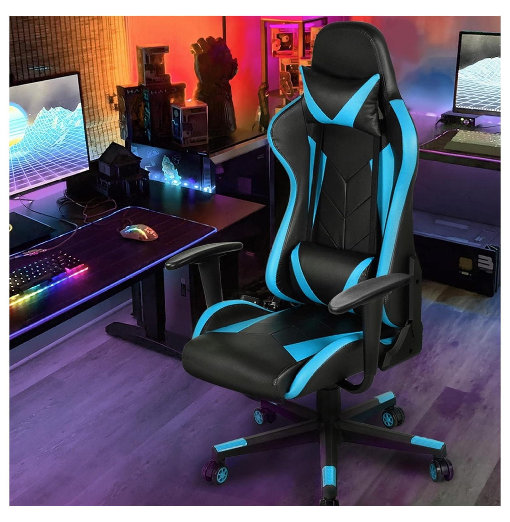 Alieon Video Game Chairs High Back Computer Gaming Chair Ergonomic Racing Office Chair with Lumbar Support Swivel Task Chair Neon Blue