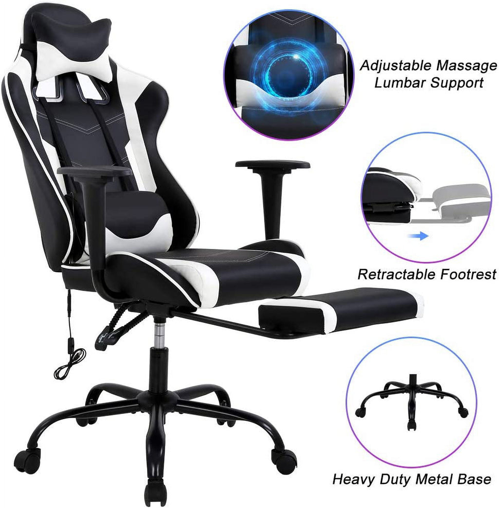 BIQWBIC Ergonomic Gaming Chair for Teens - Adjustable Game Chair with Headrest, Footrest & Lumbar Support, White