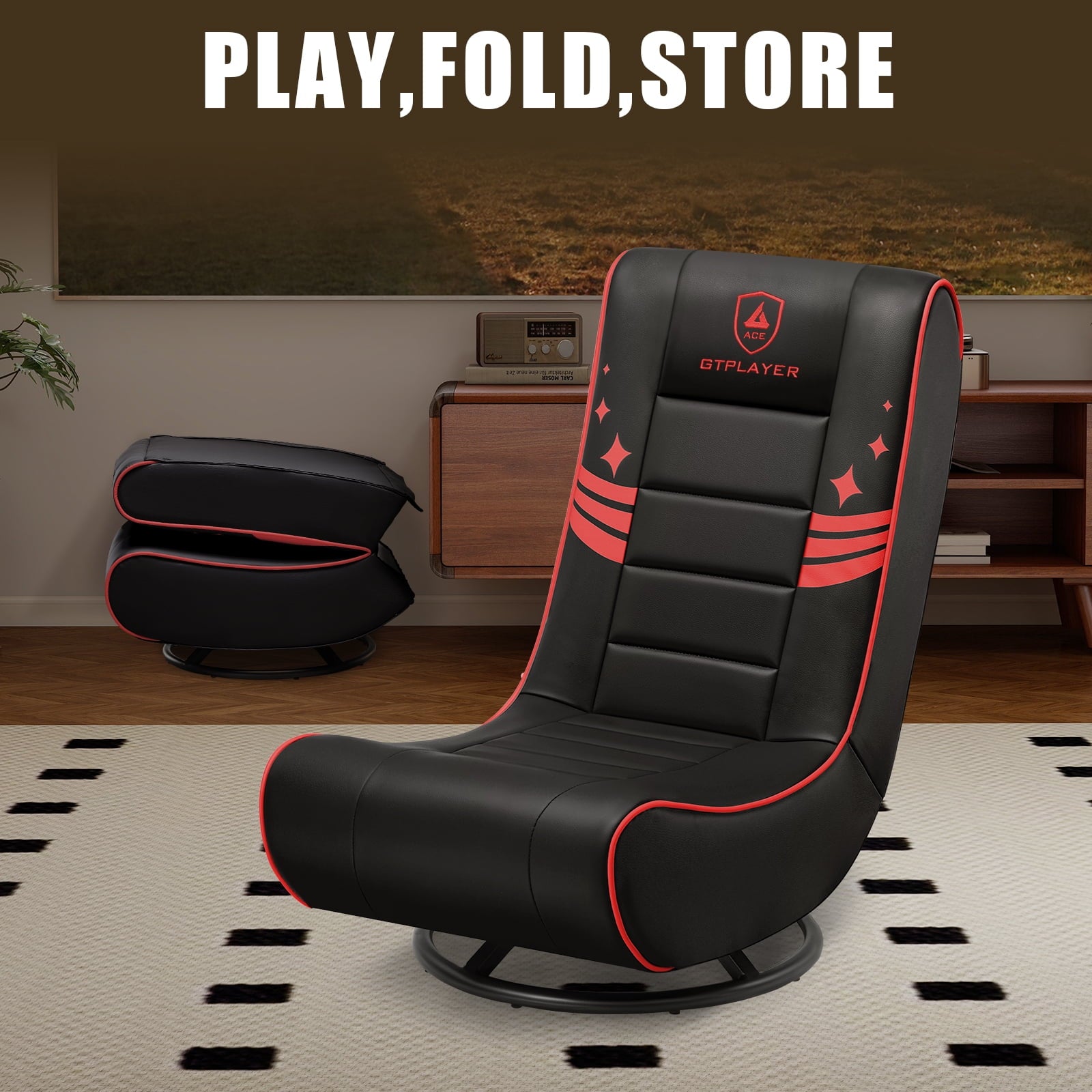 GTPLAYER Swivel Floor Gaming Chairs with Foldable Backrest for Teens,, Red