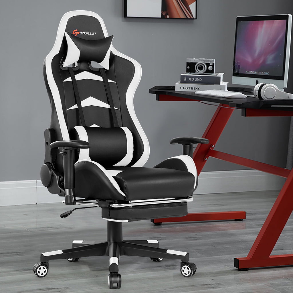Costway Adjustable High Back Racing Gaming Chair with Footrest and Lumbar Massage, White