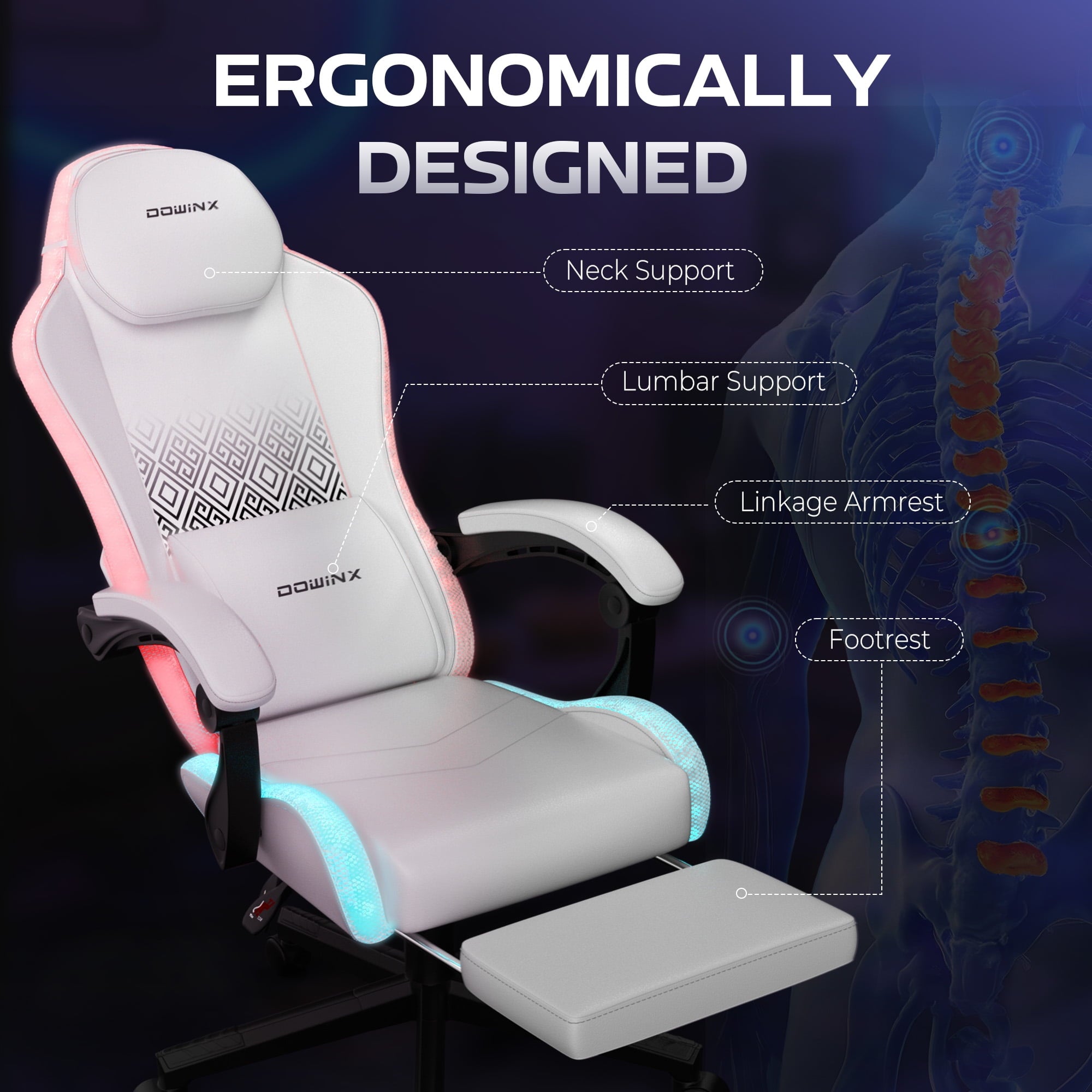 Dowinx RGB LED Gaming Chair with Massage Lumbar Support & Footrest - Ergonomic PU Leather Video Game Chair for Adults, White