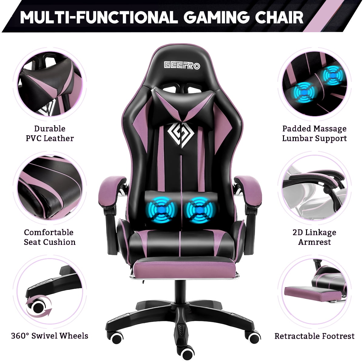 450lbs Massage Gaming Chair PC Office Chair with Massage Lumbar and Footrest, Linkage Armrest, High Back Ergonomic Desk Chair Ergonomic PU Leather Executive Computer Chair Lumbar Support for Women Men