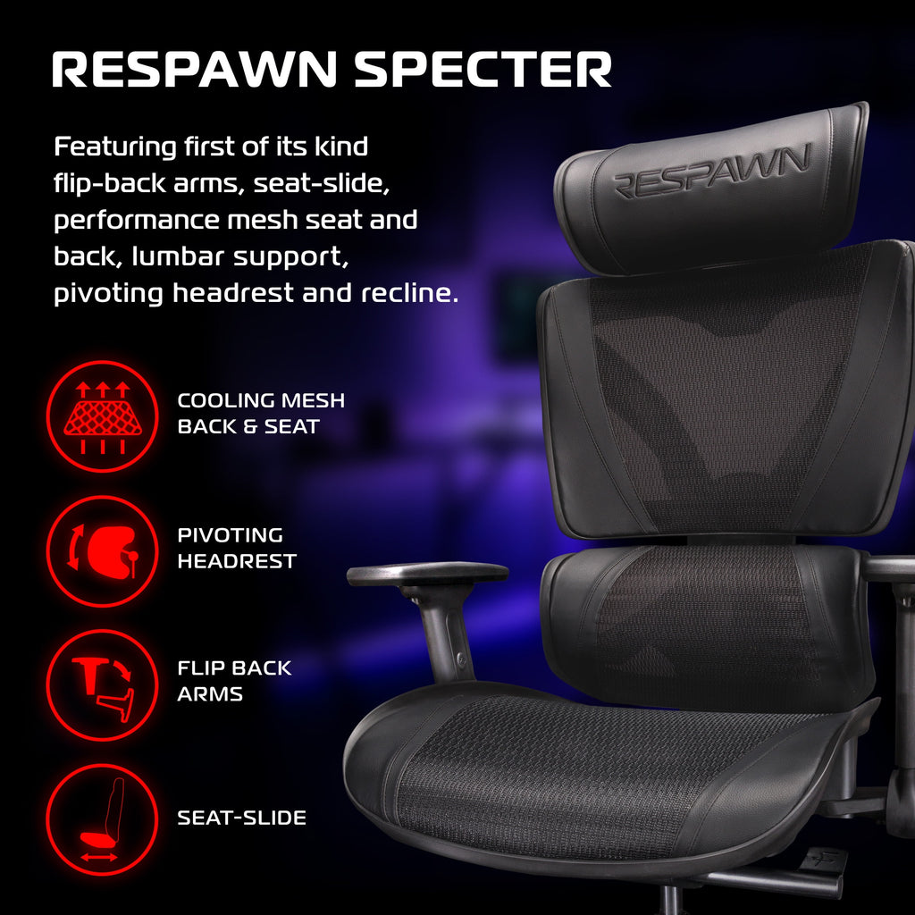 RESPAWN SPECTER Ergonomic Office Chair with Lumbar Support, Headrest, Adjustable Arms - Comfy Breathable Mesh Computer Desk Seat for Home Office, High Back Reclining Gaming Chairs for Adults - Black