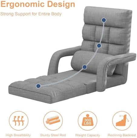 Floor Gaming Chair with 6 Adjustable Position, Foldable Lazy Sofa Chair with Armrest for Adult, Comfy Chaise Lounge Indoor, Breathable Floor Bed Sleeper for Bedroom, Yoga, Dorm