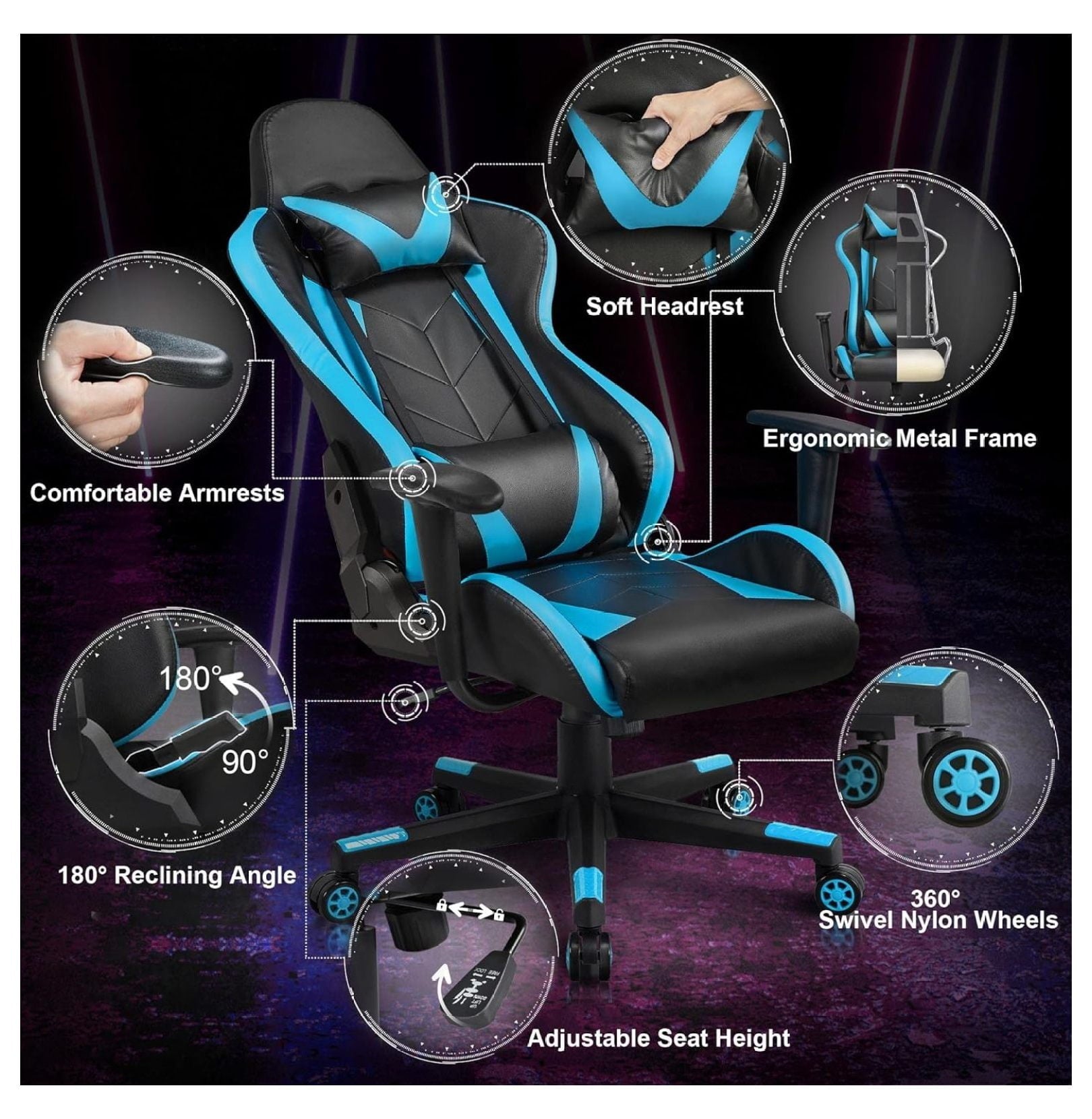 Alieon Video Game Chairs High Back Computer Gaming Chair Ergonomic Racing Office Chair with Lumbar Support Swivel Task Chair Neon Blue
