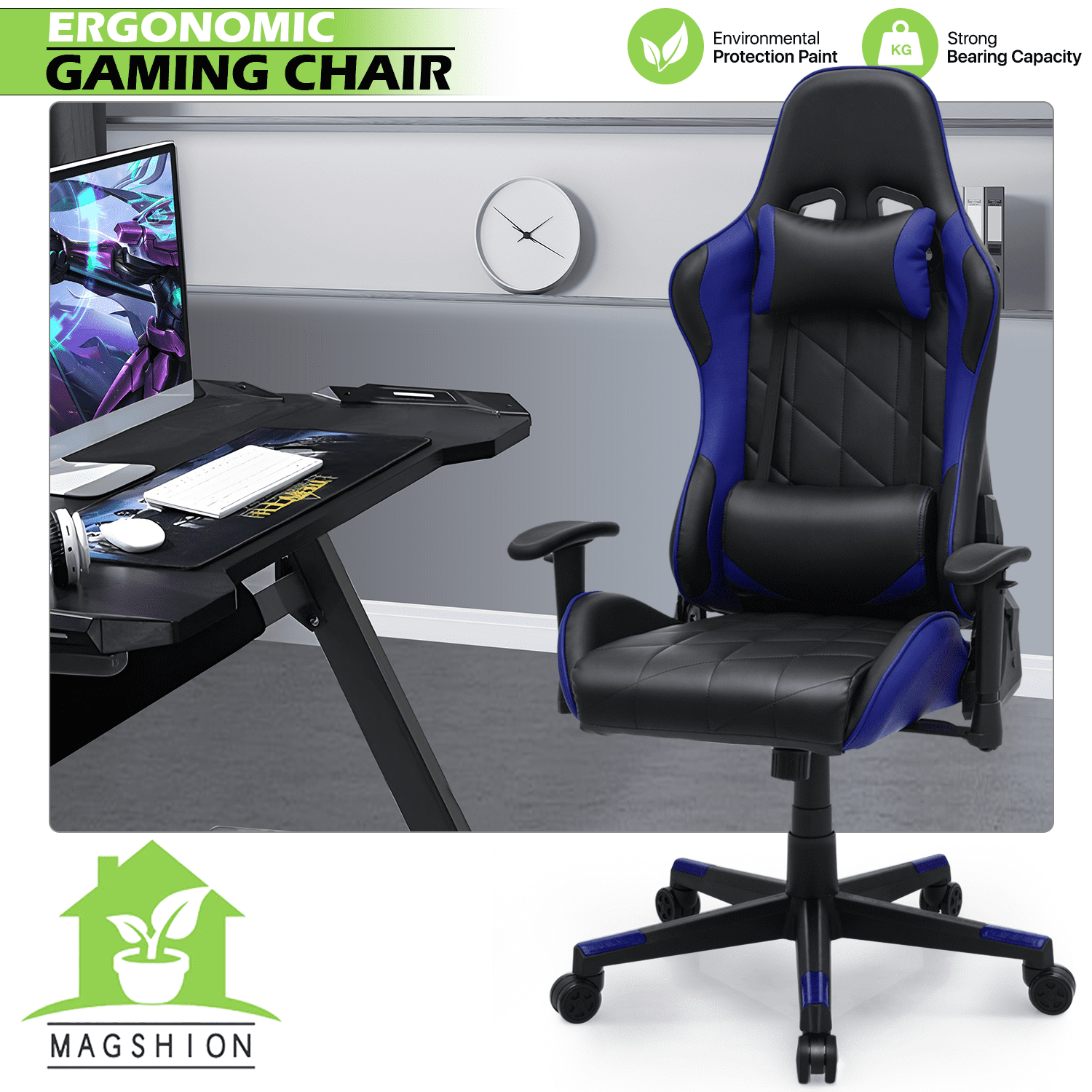 Magshion Computer Gaming Chair High Back, Height Adjustment Swivel Computer Office Chair with Headrest and Support Lumbar Pillow, Blue