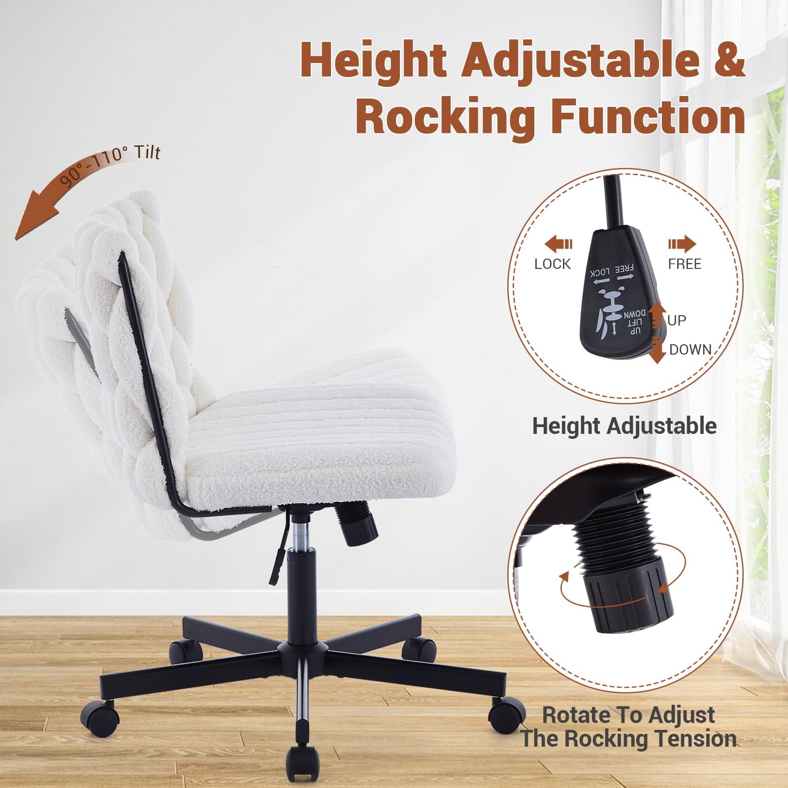 Huloretions Rolling Desk Chair,Computer Gaming Chair Fabric Criss Cross Chair,Armless Office Desk Chair,Swivel Height Adjustable Wide Seat,Vanity Chair Home Office Chair For Work Meditation