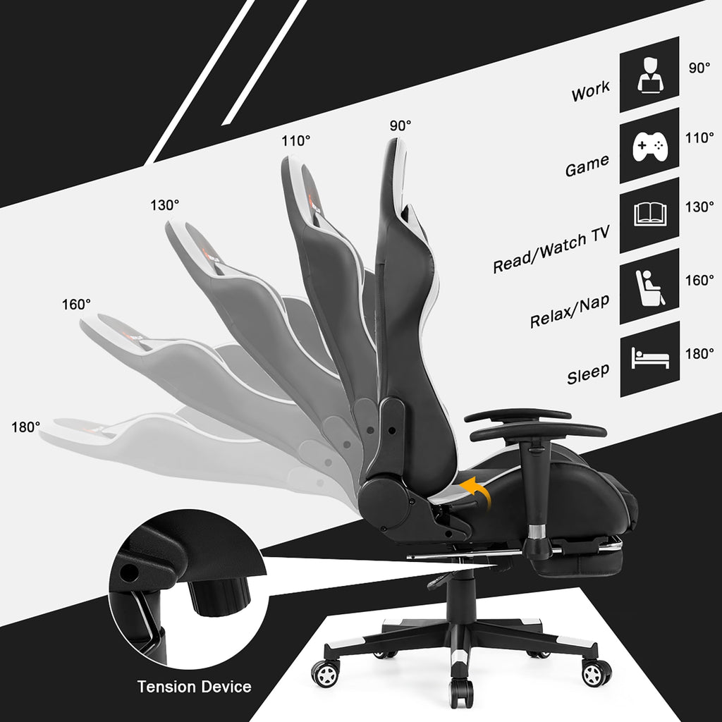 Costway Adjustable High Back Racing Gaming Chair with Footrest and Lumbar Massage, White