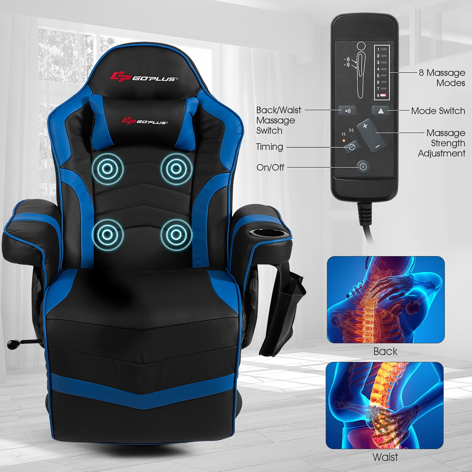 Massage Gaming Chair Racing Style Gaming Recliner Blue
