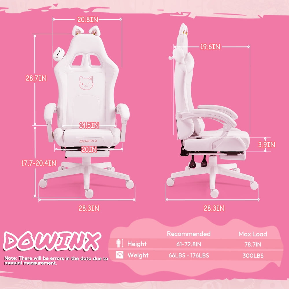 Dowinx Gaming Chair with Cat Ears, Massage Lumbar & Footrest - Ergonomic Reclining Computer Chair for Girls, 290LBS, White