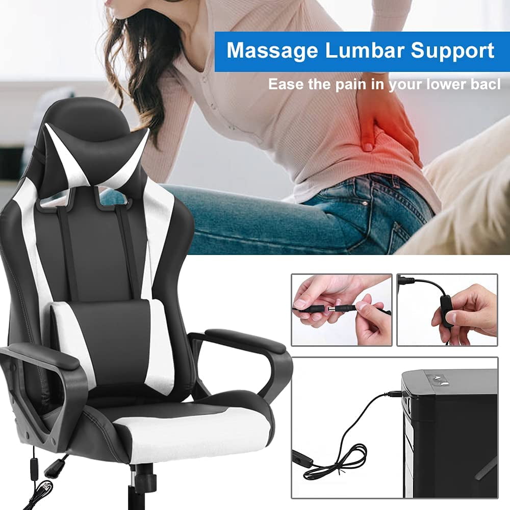Dkelincs Massage Gaming Chair Adjustable Computer Game Chair with Headrest Ergonomic Office Chair with Armrest & Massage Lumbar Support for Teens & Kids, White