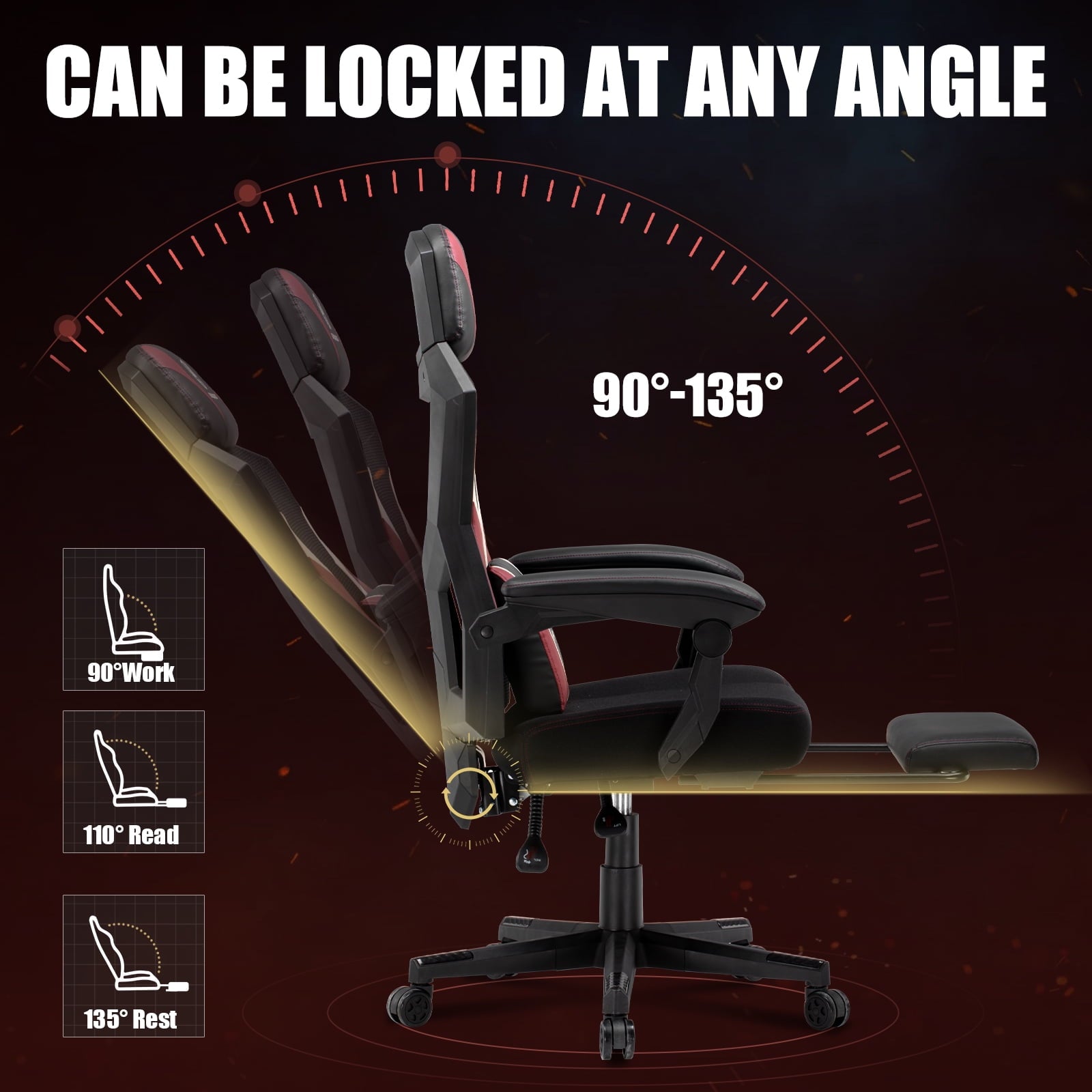 GTPLAYER Ergonomic Mesh Back Reclining Gaming Office Chair with Footrest, Red