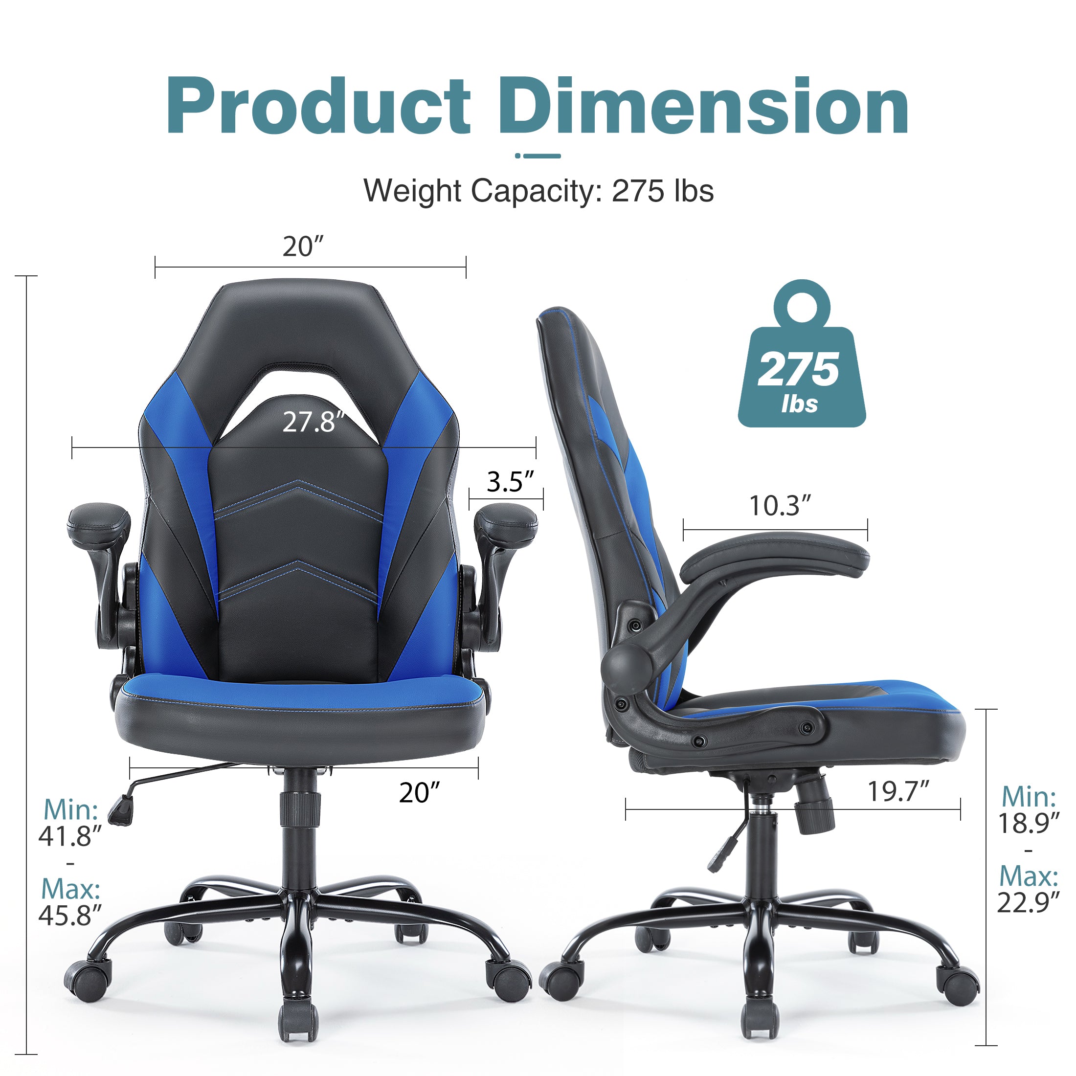 CONCETTA Gaming Chair, Ergonomic Office Chair Desk Chair with Flip-up Armrest and Height Adjustable PU Leather, Computer Chair with Lumbar Support, Black and Blue