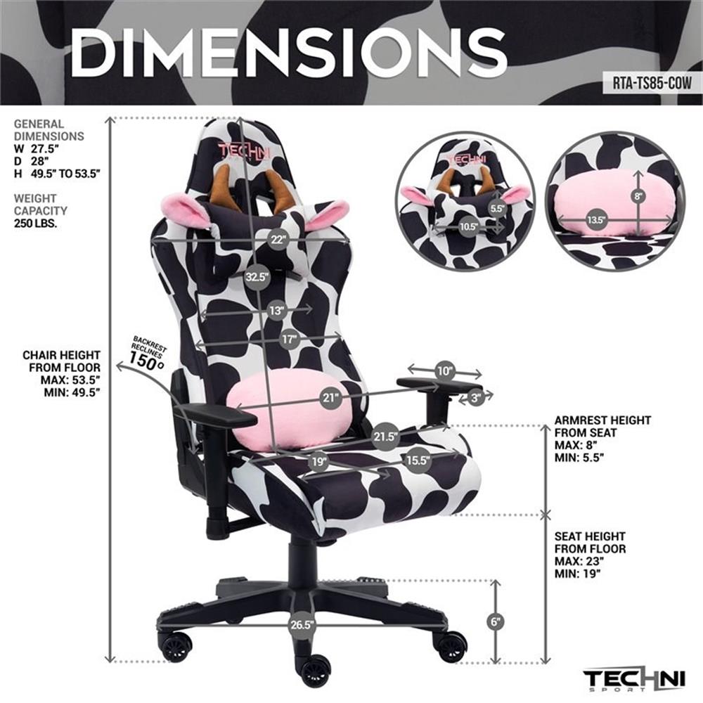 Pemberly Row Modern COW Print Fabric Gaming Chair Black/White