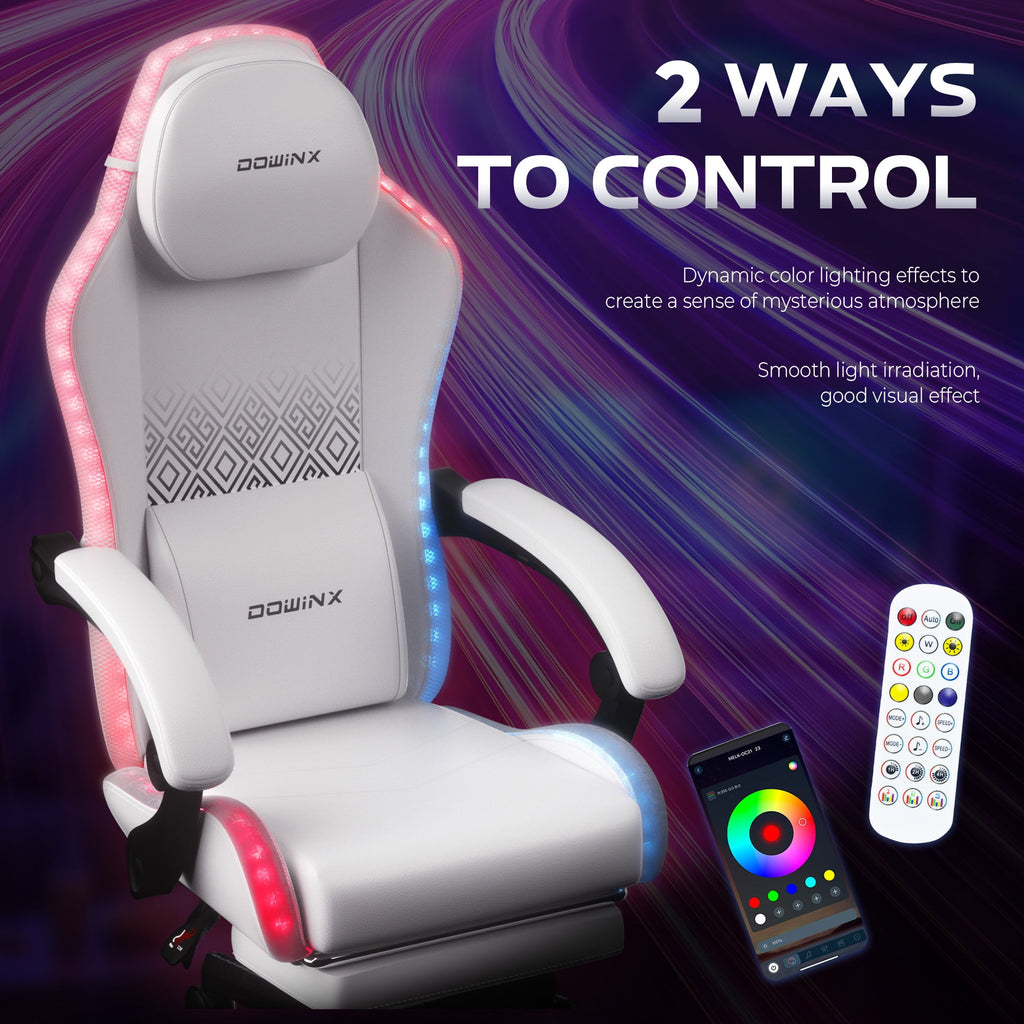 Dowinx RGB LED Gaming Chair with Massage Lumbar Support & Footrest - Ergonomic PU Leather Video Game Chair for Adults, White