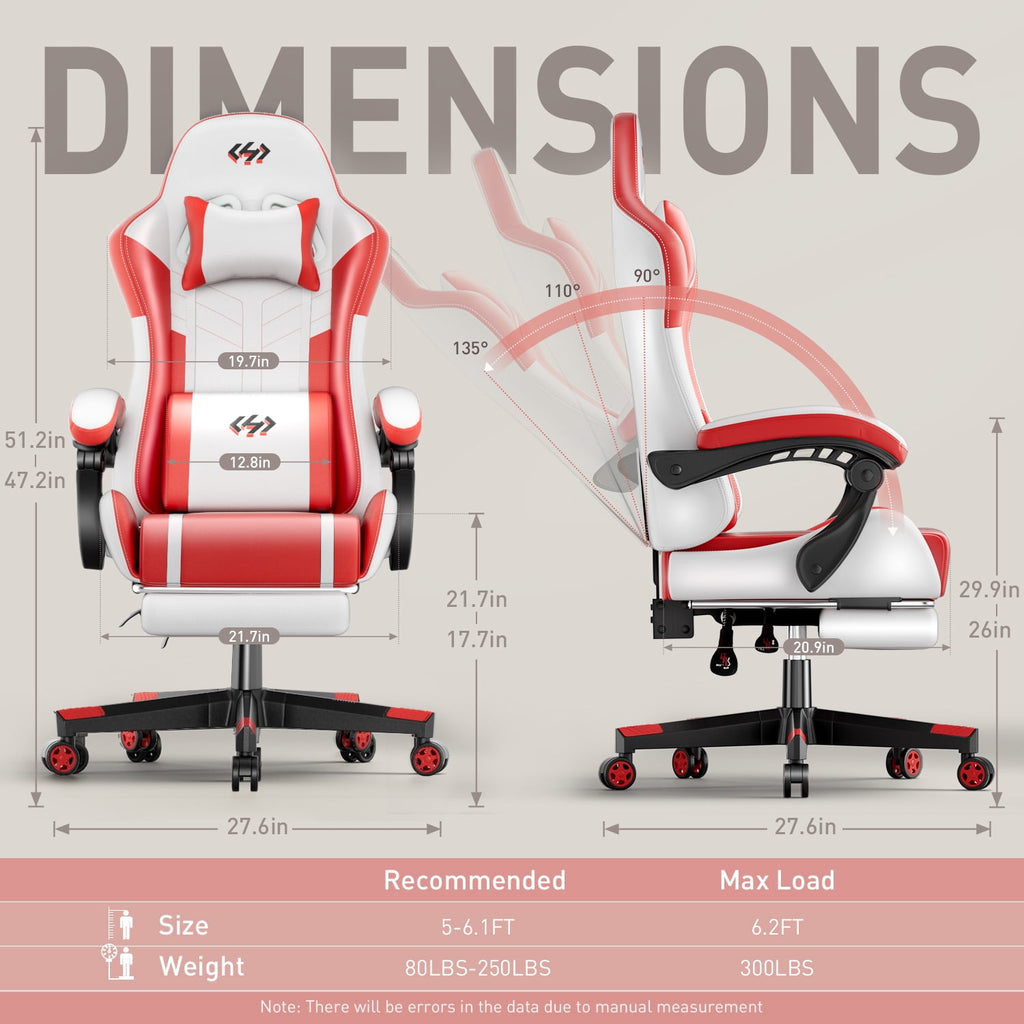 HLDIRECT Gaming Chair with Footrest, Massage Leather Game Chair, Ergonomic Gamer Chair with Lumbar Support & Headrest for Adults,White & Red