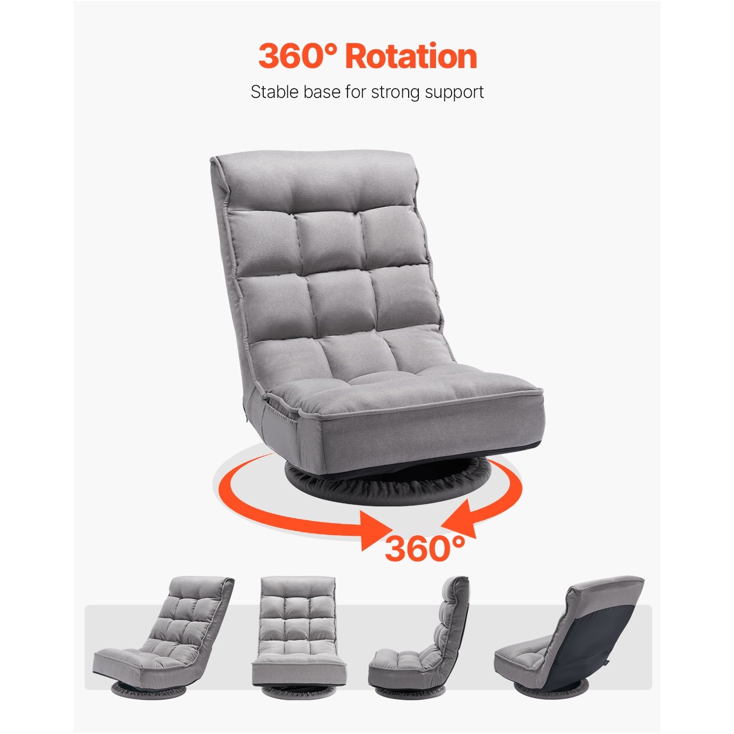 KFFKFF Rotational Floor Gaming Seat, Full-circle Spin Floor Seat with Quadruple Position Adjustable Folding Backrest and Back Support, Collapsible Video Lounging Couch for TV Viewing, in Grey