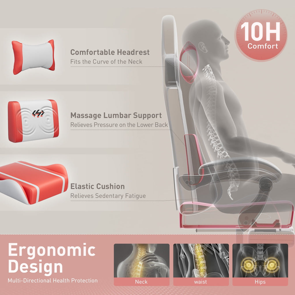 HLDIRECT Gaming Chair with Footrest, Massage Leather Game Chair, Ergonomic Gamer Chair with Lumbar Support & Headrest for Adults,White & Red
