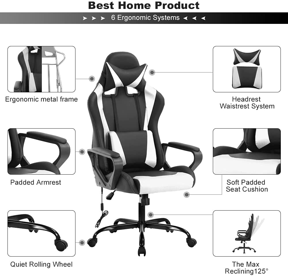 Dkelincs Massage Gaming Chair Adjustable Computer Game Chair with Headrest Ergonomic Office Chair with Armrest & Massage Lumbar Support for Teens & Kids, White