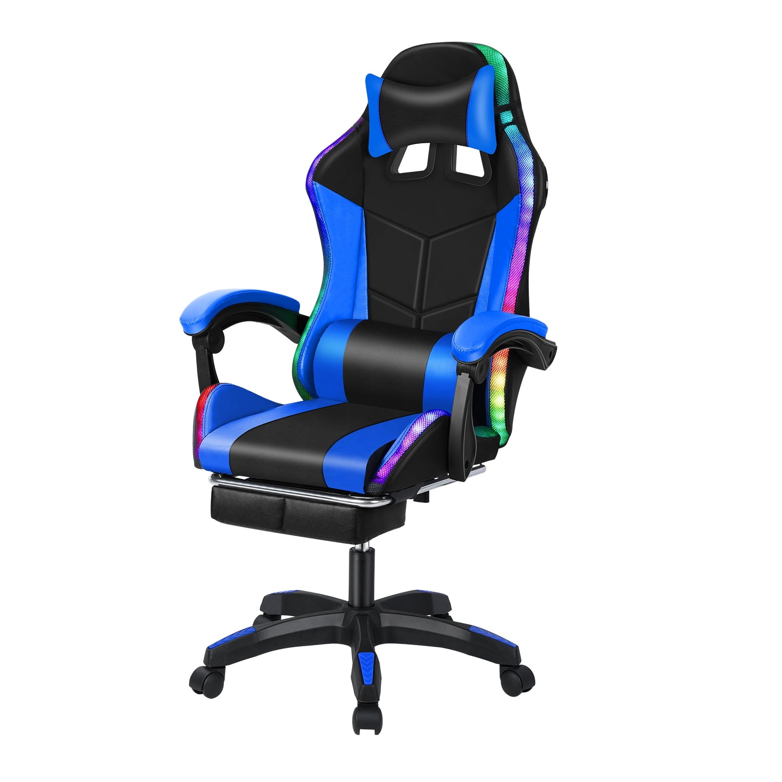 mwptoo Ergonomic Gaming Chair, Bluetooth Speakers and LED RGB Lights Massage Lumbar Support Computer Gaming Chairs Height Adjustable Video Gaming Chair (Black & Blue)